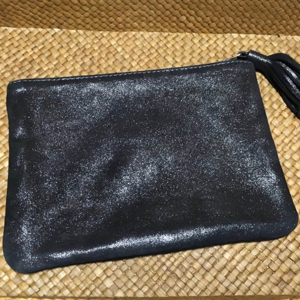 MOO MOO Designs evening clutch, Black satin leather, 7.5 x 10"